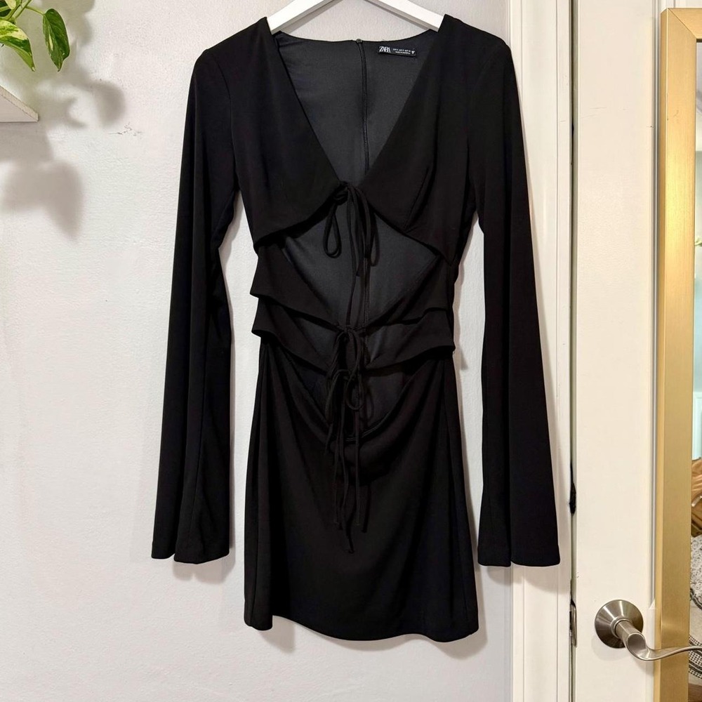 Zara Black Tie-Front Cutout Bell Sleeve Mini Cocktail Dress Small